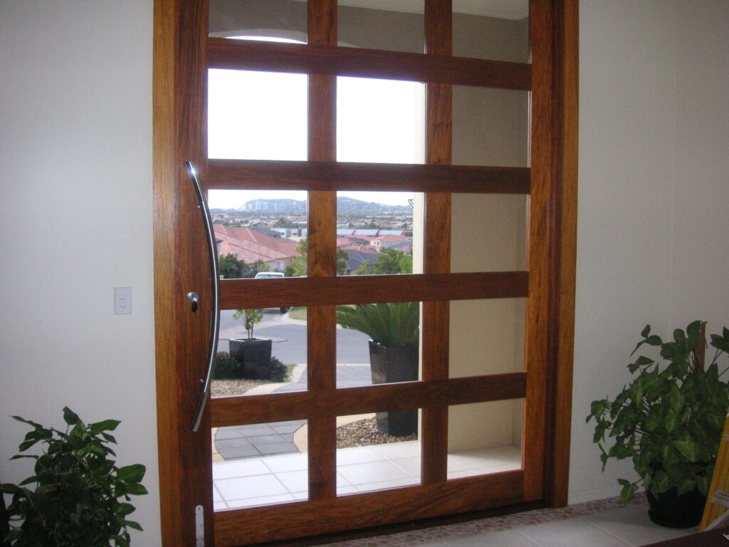 New timber and glass entry door viewed from inside, Varsity Lakes