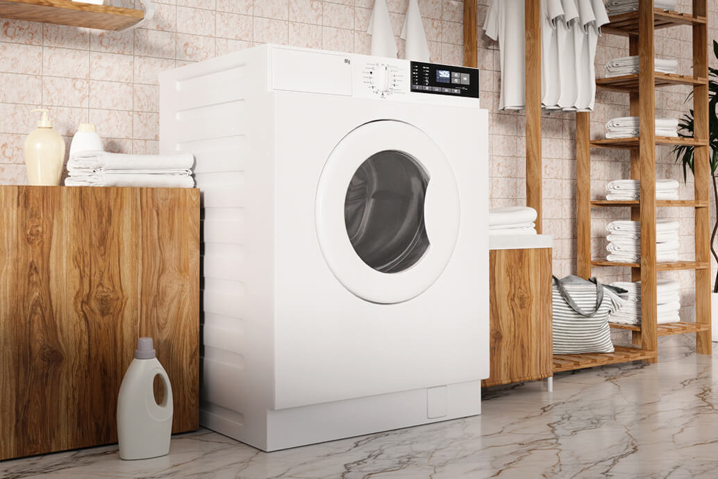 Front-loading washing machine in a laundry with timber cabinetry and open shelving