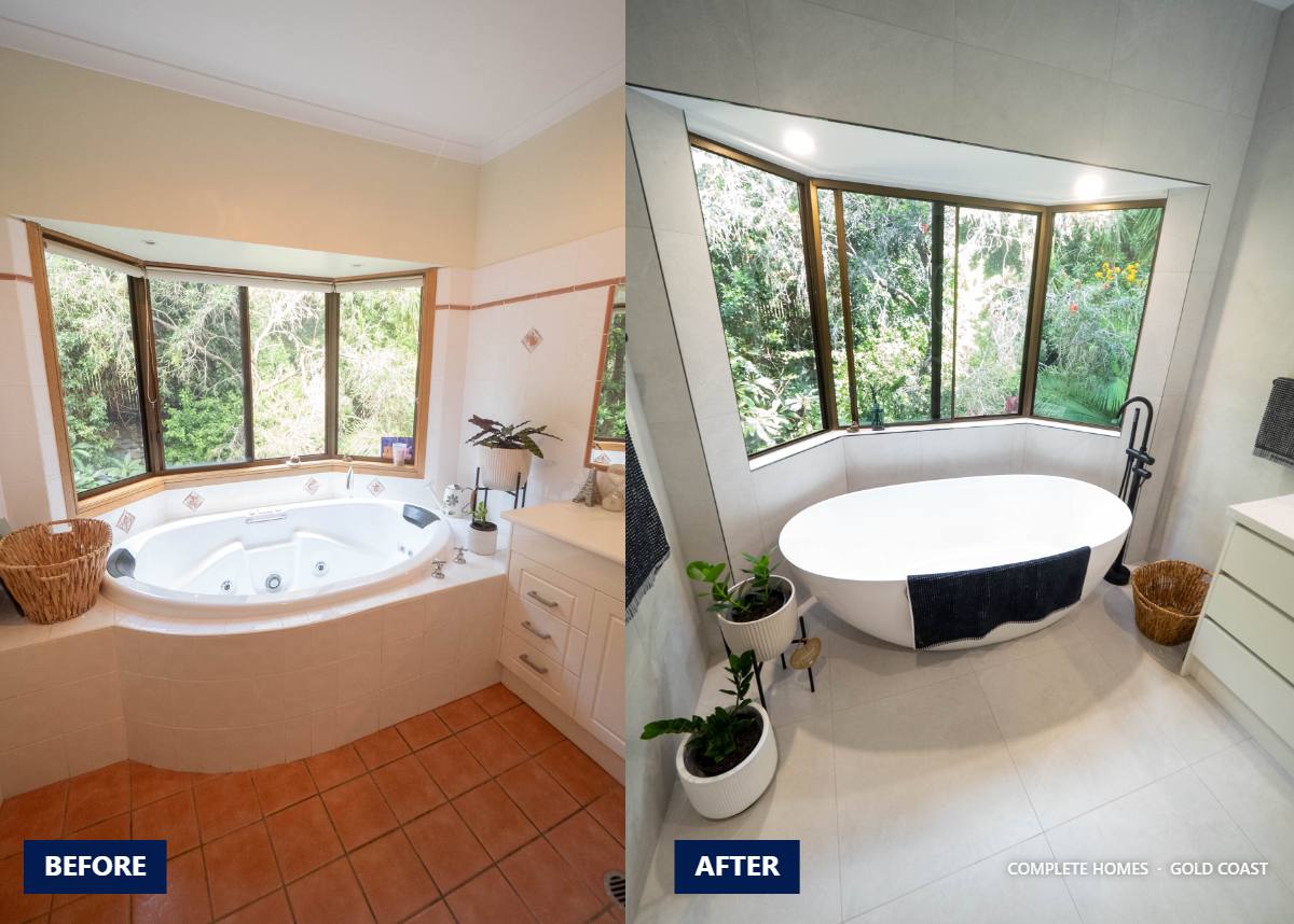 Before and after of a Gold Coast bathroom renovation by Complete Homes